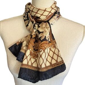 Vintage Liz Claiborne Baroque Black, Gold, Cream, and Beige Chain Print Scarf